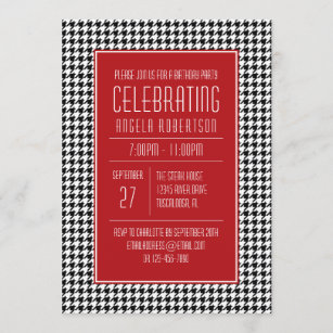 Black White and Red Houndstooth Birthday Invitation