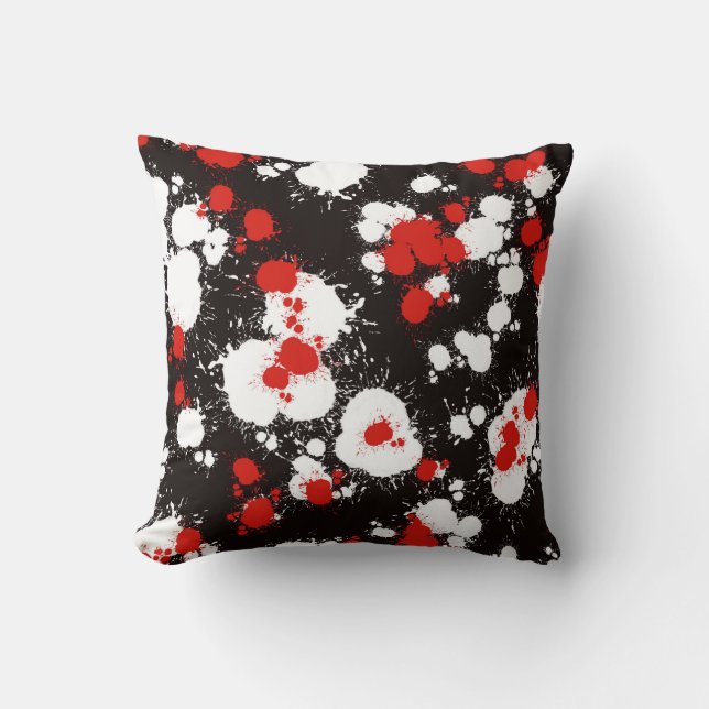 Black, White and Red Paint Splatter Cushion (Front)