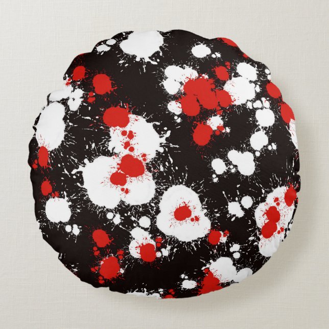 Black, White and Red Paint Splatter Round Cushion (Front)