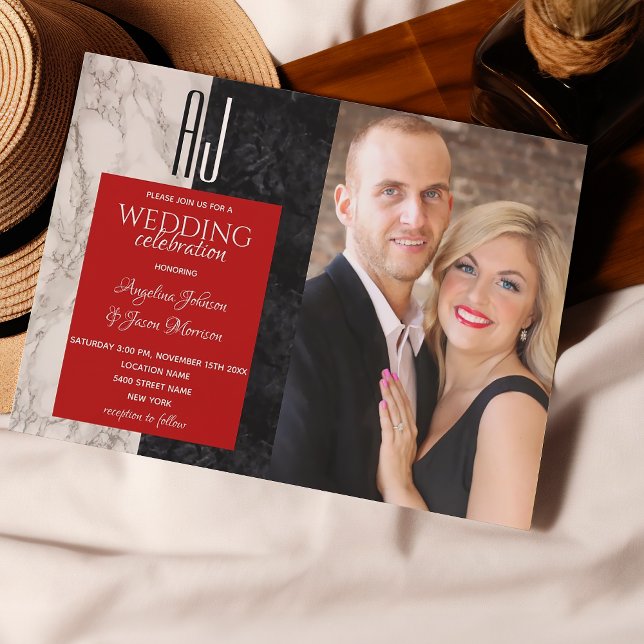 Black White and Red Photo Wedding Invitation (Creator Uploaded)