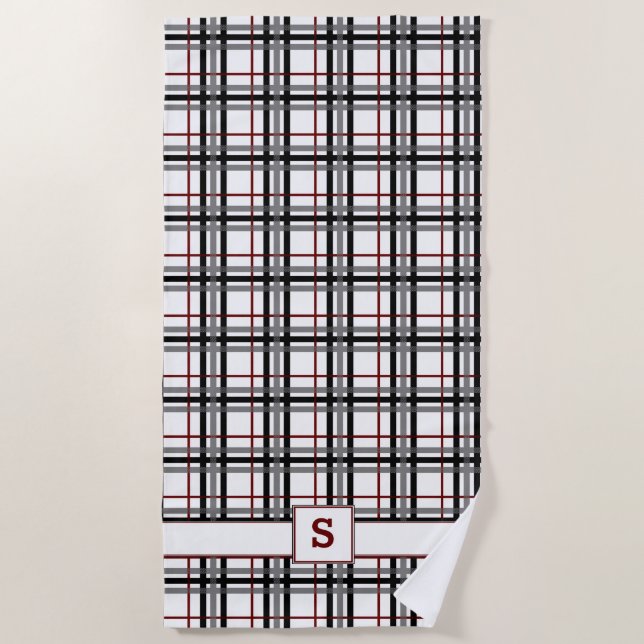 Black White and Red Plaid Beach Towel (Front)
