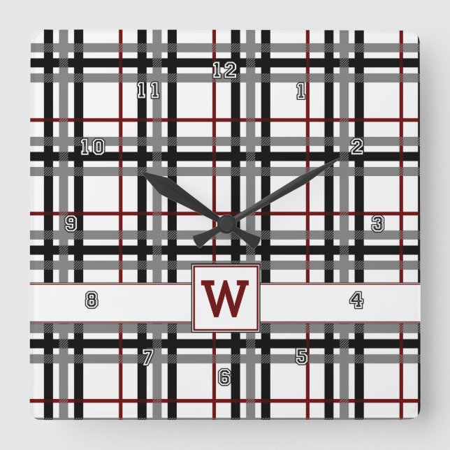 Black White and Red Plaid Clock (Front)