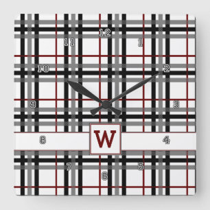 Black White and Red Plaid Clock