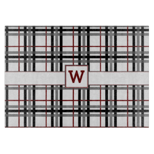Black White and Red Plaid Glass Cutting Board