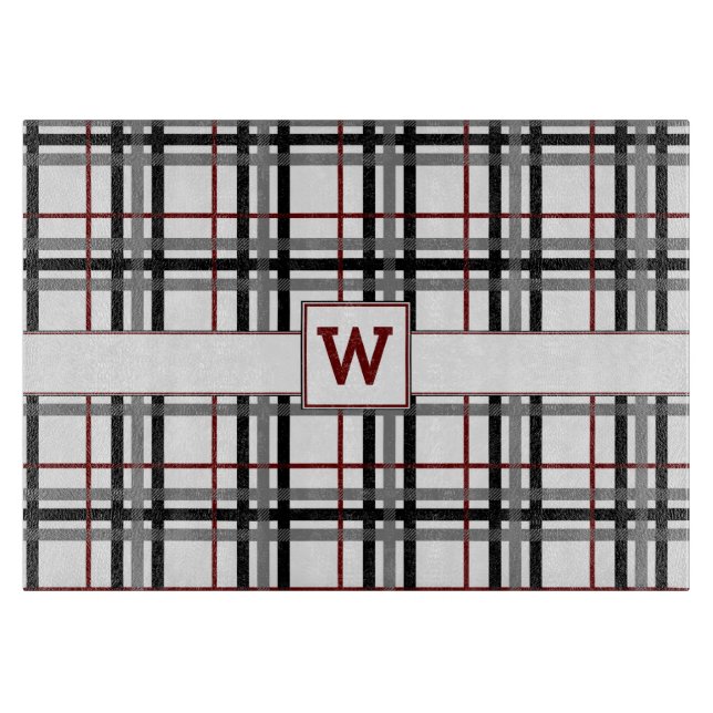 Black White and Red Plaid Glass Cutting Board (Front)