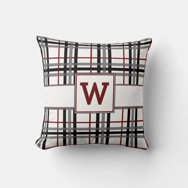 Black White and Red Plaid Pillow (Front)