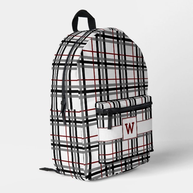 Black White and Red Plaid Printed Backpack (Back Corner Left)