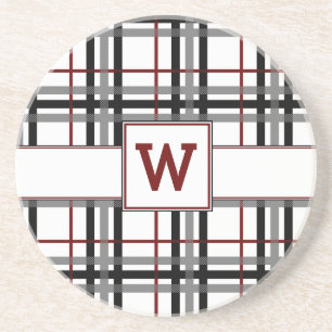 Black White and Red Plaid Sandstone Coaster
