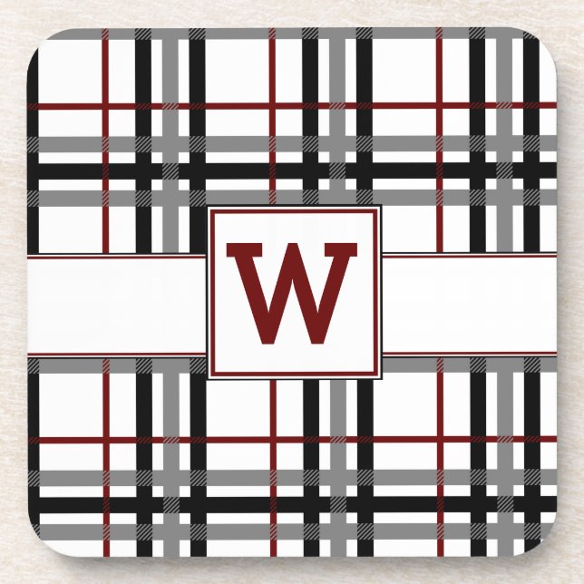 Black White and Red Plaid Square Coaster (Front)