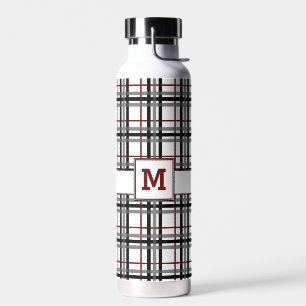 Black White and Red Plaid Water Bottle
