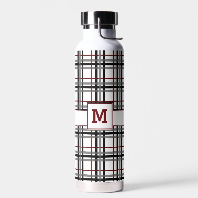 Black White and Red Plaid Water Bottle (Left)