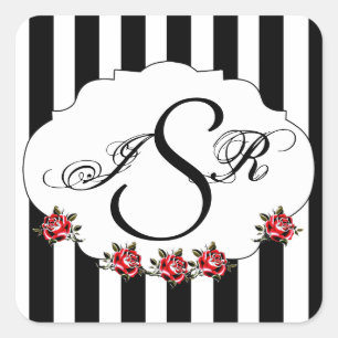 Black White and Red Rose Wedding Monogram Square Sticker