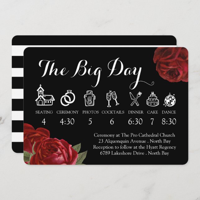 Black White and Red Roses Wedding Timeline Invitation (Front/Back)
