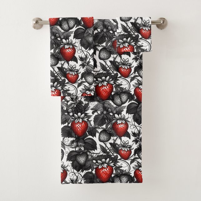 Black, White, and Red Strawberries All Over Bath Towel Set (Insitu)