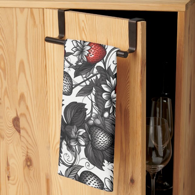 Black, White, and Red Strawberries All Over Tea Towel (Thirds Fold)
