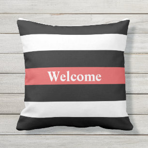 Black White and Red Striped Welcome Outdoor Pillow