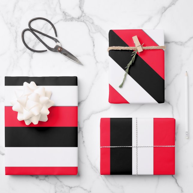 Black, White and Red Stripes  Wrapping Paper Sheet (Front)