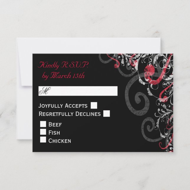 Black, White, and Red Swirl wedding RSVP (Front)