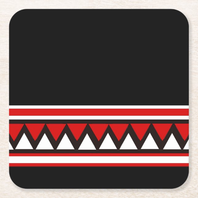 Black, White and Red Tribal Triangles Square Paper Coaster (Front)