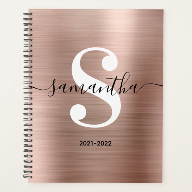 Black White and Rose Gold Modern Style Monogram Planner (Front)