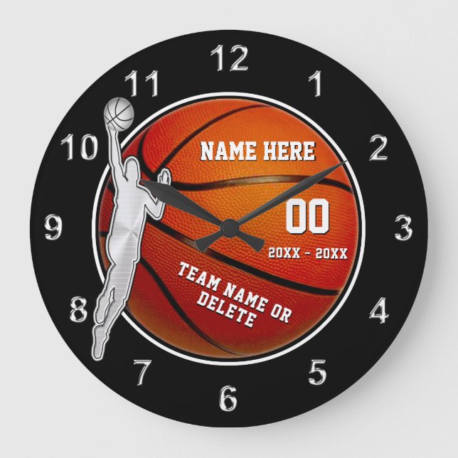 Black, White and Silver Basketball Gifts for Boys Large Clock (Front)