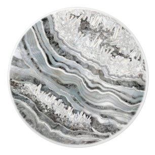 Black White and Silver Geode Digital Art Ceramic Knob