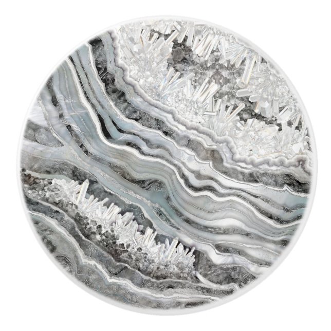 Black White and Silver Geode Digital Art Ceramic Knob (Front)