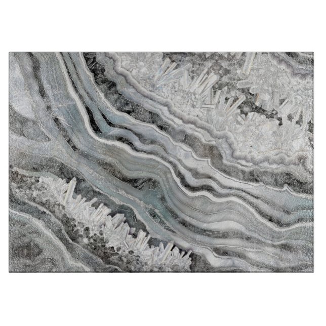 Black White and Silver Geode Digital Art Cutting Board (Front)