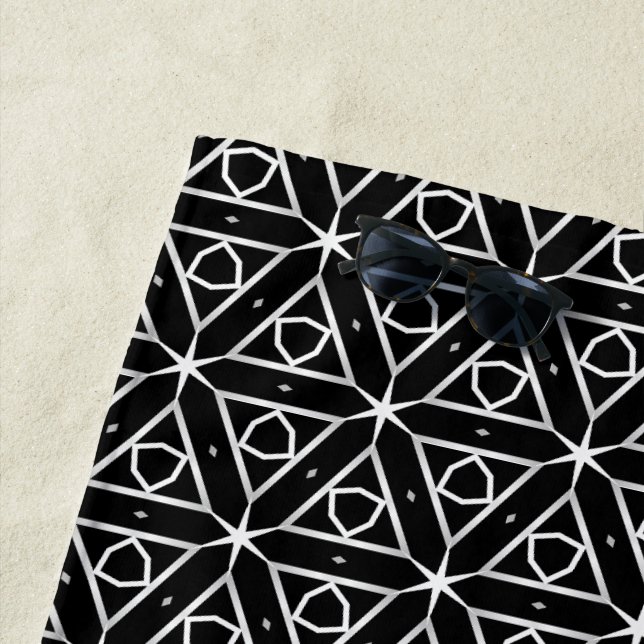 Black White and Silver Geometric pattern Beach Towel (In Situ)