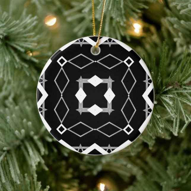 Black White and Silver Geometric pattern Ceramic Ornament (Tree)