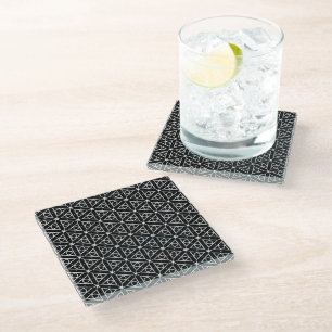 Black White and Silver Geometric pattern Glass Coaster