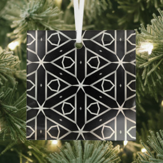 Black White and Silver Geometric pattern Glass Tree Decoration