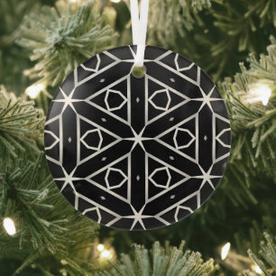 Black White and Silver Geometric pattern Glass Tree Decoration