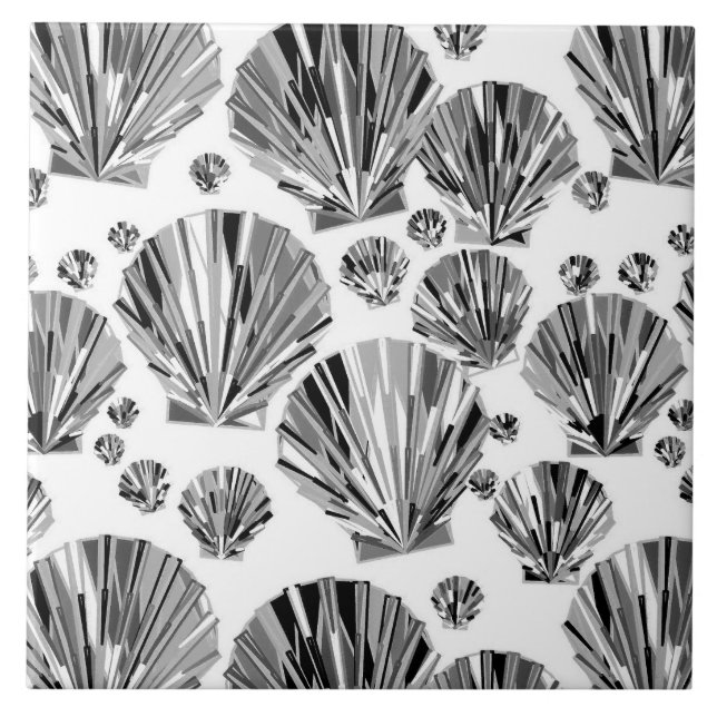 Black, White and Silver Grey Sea Shells Ceramic Ti Ceramic Tile (Front)