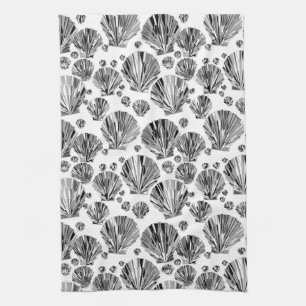 Black, White and Silver Grey Sea Shells Tea Towel