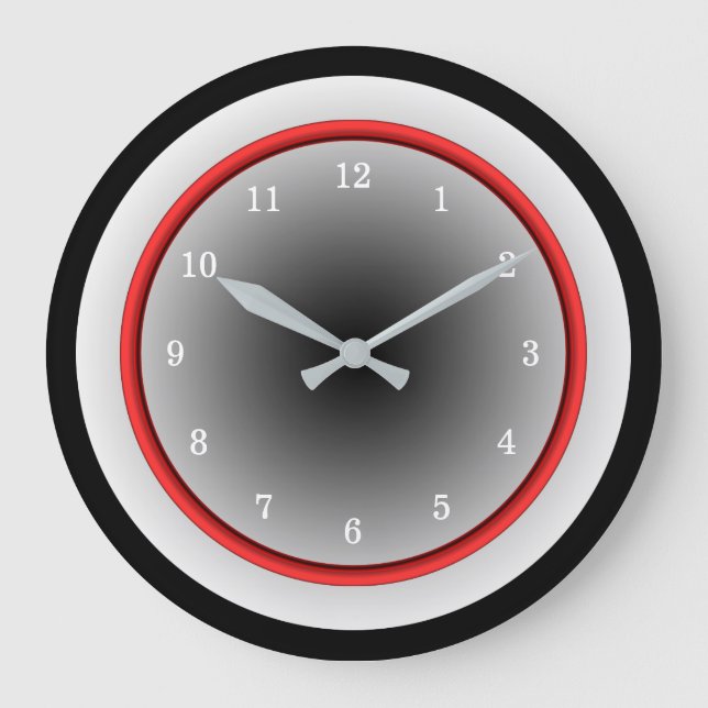 Black White and Silver Grey with Red Trim Large Clock (Front)