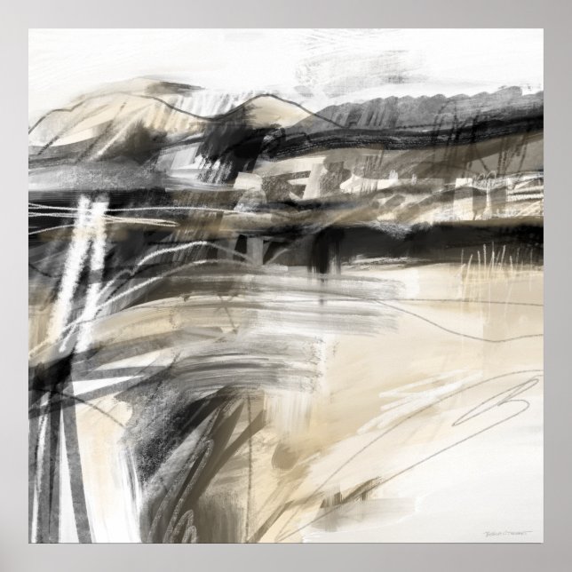 Black White and Tan Abstract Landscape Square Poster (Front)