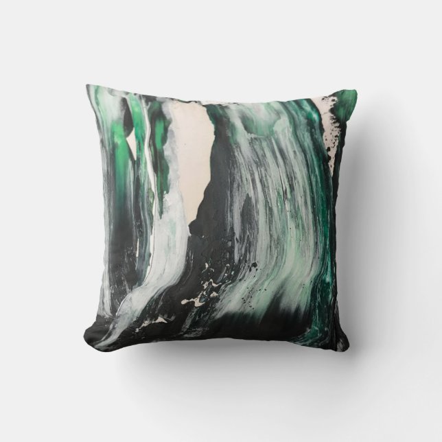 Black, white, and teal abstract painting cushion (Front)