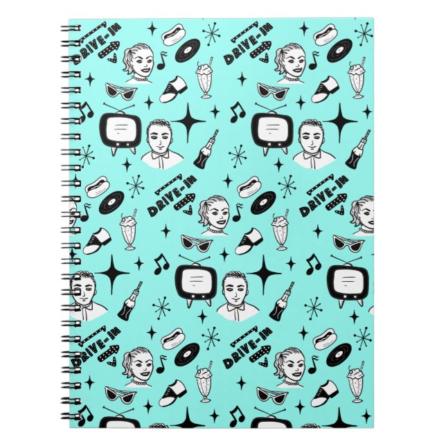  Black, White and Teal Fifties Style Retro   Notebook (Front)