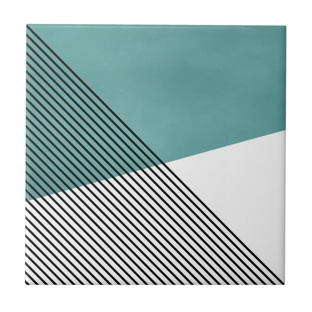 Black, white and turquoise simple geometric art ceramic tile (Front)