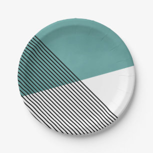 Black, white and turquoise simple geometric art paper plate