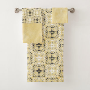 Black, White, and Yellow Chequered Pattern Bath Towel Set