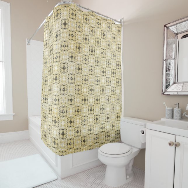 Black, White, and Yellow Chequered Pattern Shower Curtain (In Situ)