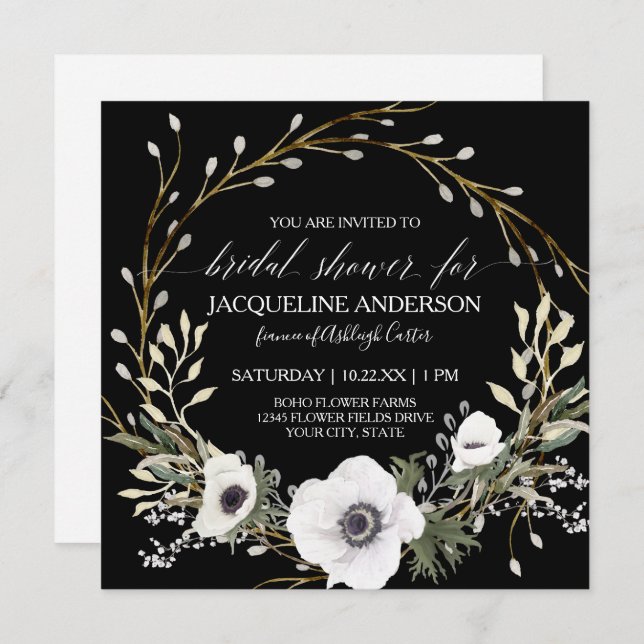 Black White Anemone Eucalyptus Greenery Bridal Tea Invitation (Front/Back)