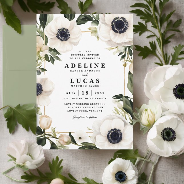 Black & White Anemone Flower Ivory Floral Wedding Invitation (White anemone flower wedding invitation, elegant botanic black and white ivory floral wedding invite)