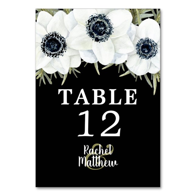 Black & White Anemones Botanical Table Numbers (Front)