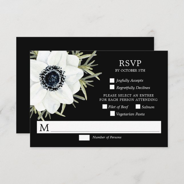 Black & White Anemones Botanical Wedding RSVP Card (Front/Back)