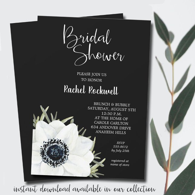 Black White Anemones Floral Bridal Shower Invites (INSTANT DOWNLOAD AVAILABLE IN OUR COLLECTION)