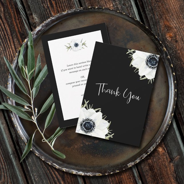 Black White Anemones Floral Thank You (Black and White Anemones Floral Flat Thank You Cards - 3.5" x 5")