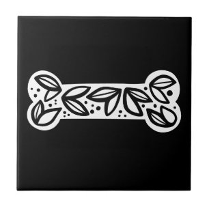 Black & White Animal Dog Bone Black Ceramic Tile